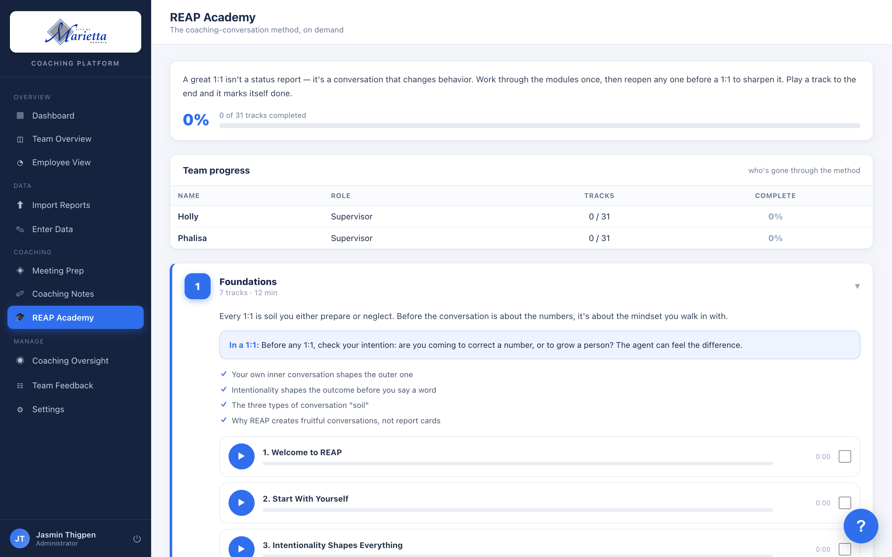 REAP Academy: the coaching method as a guided course with progress tracking
