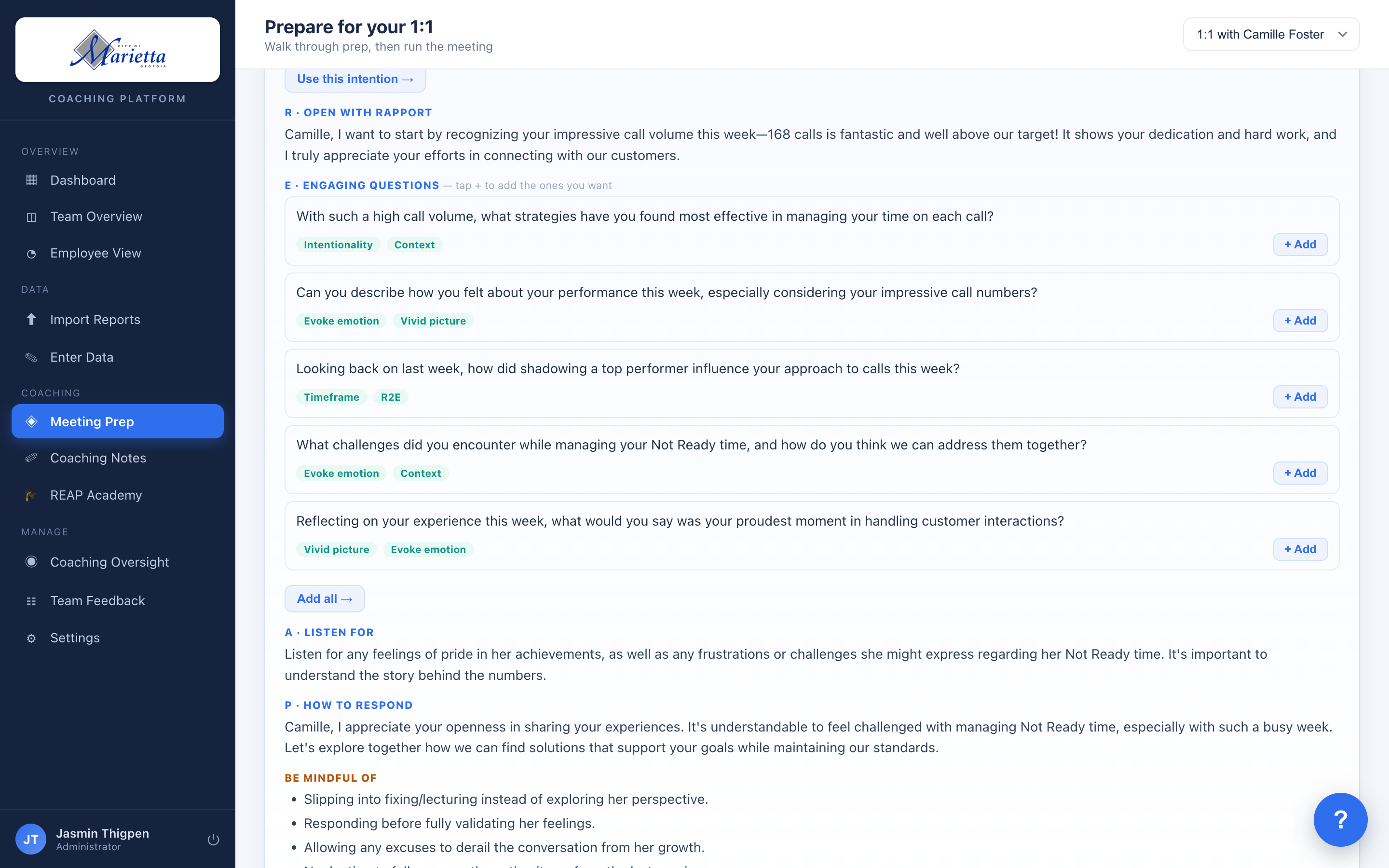 AI Coaching Assist: a full REAP-grounded prep with rapport opener, tagged engaging questions, what to listen for, and how to respond